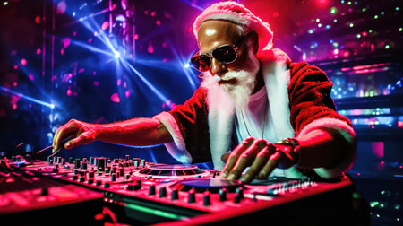 Experience the magic as Santa Claus dons DJ attire, spinning enchanting tunes at a lively New Year's bash. illustration created by Generative AIの素材