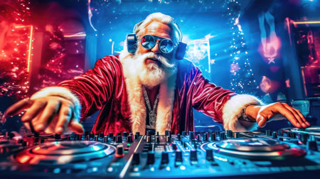 Santa Claus transforms into a DJ, bringing the party to life with infectious rhythms and festive energy on New Year's. illustration created by Generative AIの素材