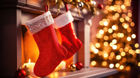 A beautifully decorated Christmas stocking filled with gifts, set against the backdrop of a cozy fireplace and a twinkling New Year's tree with a bokeh effect. illustration created by Generative AIの素材
