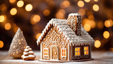 Delight in the beauty of a Christmas gingerbread house surrounded by the warm glow of a blurred holiday background and charming bokeh effects. illustration created by Generative AIの素材
