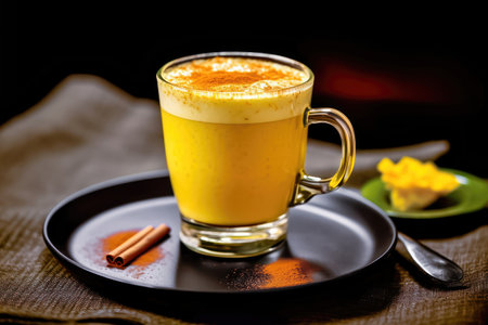 A steaming cup of turmeric-infused hot milk, a soothing folk remedy for colds during the chilly season. illustration created by Generative AIの素材
