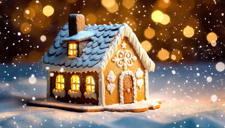 Experience the magic of Christmas with this enchanting gingerbread house showcased against a blurred holiday backdrop adorned with bokeh lights. illustration created by Generative AIの素材