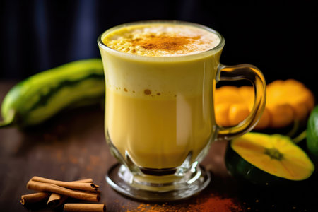 A warming cup of hot milk and turmeric, a time-honored folk remedy for treating colds during the cold season. illustration created by Generative AIの素材