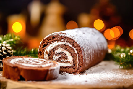 Enjoy a delectable Yule Log cake, the perfect Christmas dessert, beautifully presented in a holiday setting with festive decor on blurred background with bokeh. illustration created by Generative AIの素材