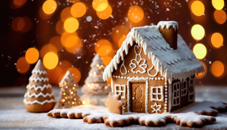 Enjoy the sight of a stunning Christmas gingerbread house amidst a softly blurred holiday background, enhanced by a bokeh effect. illustration created by Generative AIの素材