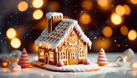 A beautifully decorated Christmas gingerbread house set against a blurred holiday background with a captivating bokeh effect. illustration created by Generative AIの素材
