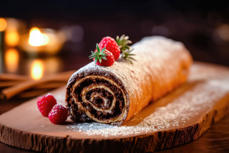 The Yule Log cake, a symbol of holiday cheer, makes a delightful appearance as the star dessert on this festive table, celebrating the spirit of Christmas on blurred background with bokeh. illustration created by Generative AIの素材