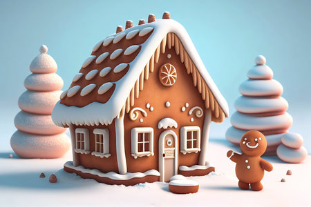 Christmas house made from ginger cookies with ginger man outside decorated in Christmas spirit with tree in background. Created by Generative AIの素材