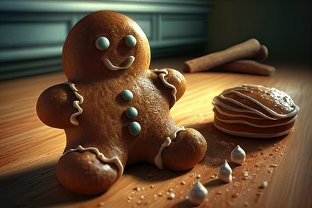A well-fed gingerbread man sits on the wooden floor of a dark room next to a cake. An alternative image of a classic holiday confection, treat. Created by Generative AIの素材
