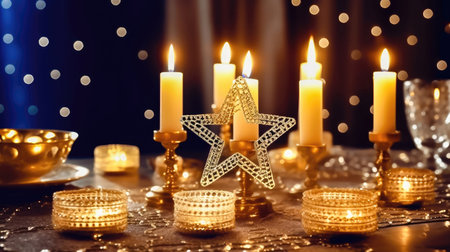 Celebrate the Festival of Lights with this elegant Christmas romantic arrangement, featuring a glowing candle and the iconic Star on a bokeh background. illustration created by Generative AIの素材