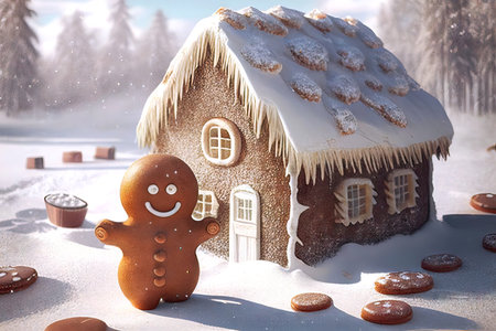 A joyful gingerbread man stands in a snowy clearing with small cookies next to a gingerbread house covered in sugar icing in the form of ice icicles on the roof of the house against a blurred background of the forest in the background. Variation on the theme of family treats. Created by Generative AIの素材