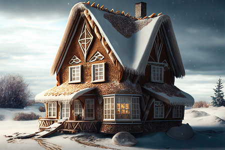 A beautiful gingerbread house decorated with icing and powdered sugar against the backdrop of a snowy winter evening landscape. Variation on the theme of family New Year's treats. Created by Generative AIの素材