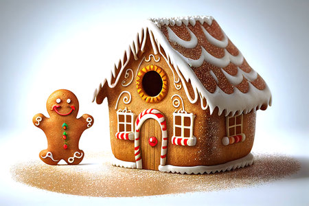 A happy gingerbread man stands in a sugar-coated clearing next to a beautifully iced gingerbread house. Variation on the theme of family treats. Created by Generative AIの素材