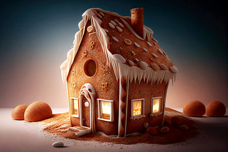 Christmas house made of gingerbread cookies covered with icicles and small sweets on a dark background. Variation on the theme of family treats. Created by Generative AIの素材