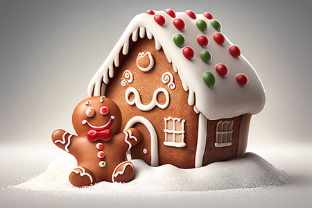 A gingerbread house garnished with icing sugar syrup and colored sweets, as well as a seated smiling gingerbread man, all dusted with powdered sugar. Variation on the theme of family treats. Created by Generative AIの素材
