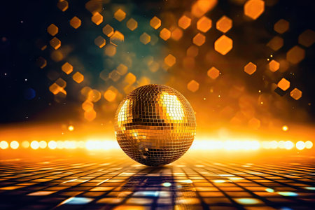 Witness the magic of the mirror ball as it gleams with golden illumination amid the bokeh effect. illustration created by Generative AIの素材
