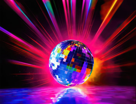 A sparkling mirror disco ball radiates vibrant, colorful rays of light, creating an enchanting and dazzling display of illumination. This vibrant and dynamic image captures the essence of a lively party or event, making it perfect for entertainment and celebration concepts. illustration created by Generative AIの素材