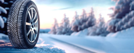 A vehicle's exceptional grip on a snowy and icy road, showcasing the effectiveness of snow tires in winter conditions. illustration created by Generative AIの素材