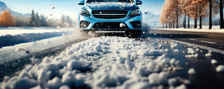 A modern car equipped with winter tires conquering the challenging icy road conditions, ensuring driver safety. illustration created by Generative AIの素材
