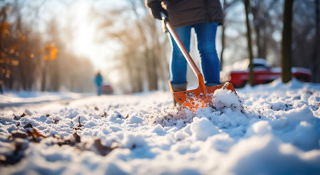 A man working hard to remove snow with a shovel in the winter season. illustration created by Generative AIの素材