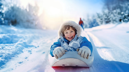 During the winter holidays, a happy child, accompanied by an adult, sleds down a snowy mountain, radiating joy and fun. illustration created by Generative AIの素材