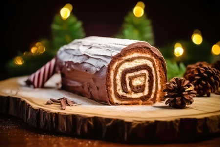 A delectable Yule Log dessert served on a holiday table, surrounded by a beautiful bokeh effect for a warm and inviting feel. illustration created by Generative AIの素材