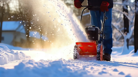 Clearing snow with a snowblower is the focus of this image as a man efficiently tackles the snow-covered area, ensuring safe and accessible surroundings during winter. illustration created by Generative AIの素材