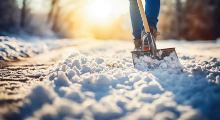 A man removing snow with a shovel on a cold winter day. illustration created by Generative AIの素材