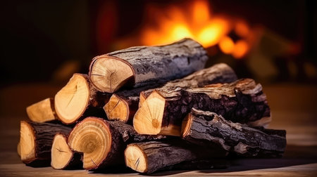 A heartwarming scene of a fireplace with a neatly stacked woodpile. Experience the allure of indoor warmth and comfort. illustration created by Generative AIの素材