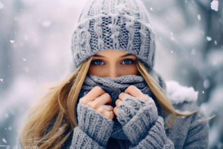 Experience the essence of winter with a young girl in a knitted scarf and hat, gently warming her frozen hands against a blurred winter background. Explore the latest in winter fashion. illustration created by Generative AIの素材