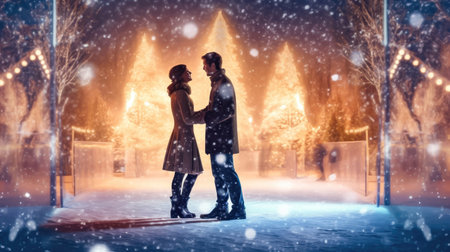 Experience the serenity of the season with the silhouettes of a tenderly hugging young couple in love against the backdrop of a winter holiday landscape. Embrace the magic of winter's romance. illustration created by Generative AIの素材
