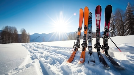 Embark on an unforgettable skiing adventure as alpine skis rise from a snowdrift in the shadow of a snow-covered mountain landscape. Experience the allure of winter sports. illustration created by Generative AIの素材