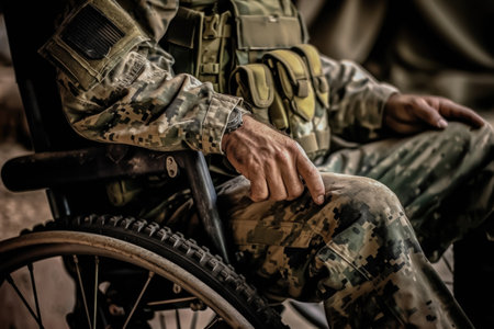 In this moving photograph, a resilient soldier, dressed in military attire, sits in a wheelchair, showcasing the strength and determination that defines their character. illustration created by Generative AIの素材