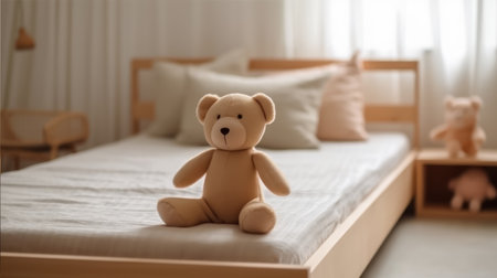 Meet the adorable bedside companion - a plush bear toy nestled on the bed in a delightful kids' room. The cuddly charm of this stuffed animal brings joy and comfort to the room, making it a sweet addition to the children's space. illustration created by Generative AIの素材
