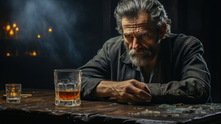 Explore the realm of alcohol-fueled solitude as a troubled man sits alone at a table, unveiling the depth of loneliness and despair. The image speaks volumes about the isolating nature of addiction and the emotional struggles faced by those seeking refuge in alcoholic beverages. illustration created by Generative AIの素材