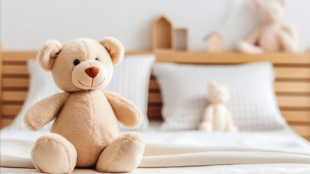 Experience cozy comfort as a plush bear toy takes center stage on the bed in this charming children's room. The soft and adorable companion adds a touch of warmth to the space, creating a perfect haven for little ones. illustration created by Generative AIの素材