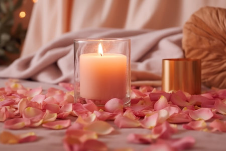 Create Intimate Moments with the enchanting backdrop of a lit candle and a scattering of pink rose petals. Let the romantic composition set the stage for moments filled with love, warmth, and intimate charm.の素材