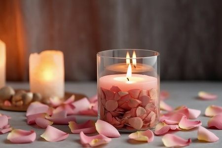 Immerse yourself in Romantic Serenity with this captivating background featuring a lit candle and a scattering of pink rose petals. Let the soft glow of candlelight create an intimate setting for moments of love and serenity.の素材