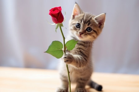 Experience a delightful expression of love as our charming kitten holds a beautiful red rose, creating an image filled with playfulness and affection. This heartwarming gesture adds a touch of romance to any occasion, making it a perfect visual representation of the love shared between pets and their human companions.の素材