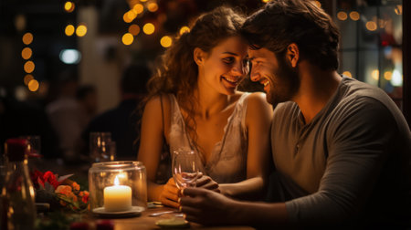 In a tender embrace, lovebirds share a romantic dinner on Valentine's Day in our captivating image. The sweet moments of connection, smiles, and affection paint a picture of love in its purest form.の素材