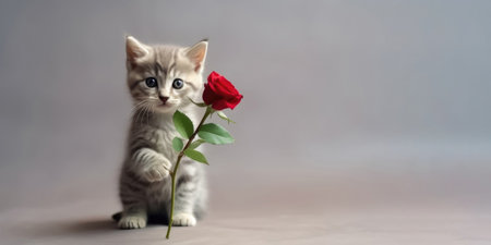 Witness the sweetness of romance as our adorable kitten embraces the charm of love, delicately holding a beautiful red rose. This heartwarming image captures the essence of affection, making it a delightful representation for Valentine's Day or any special occasion. The playful and affectionate nature of our furry friend adds an extra layer of joy to this charming moment.の素材