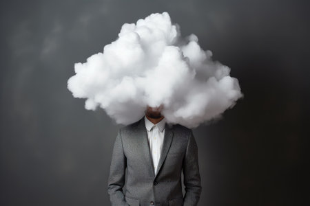 Witness the abstract landscape of the business mind in our image featuring a businessman immersed in a mental fog. This conceptual representation reflects the dynamic nature of creative thinking and the challenges associated with navigating through uncertainty.の素材