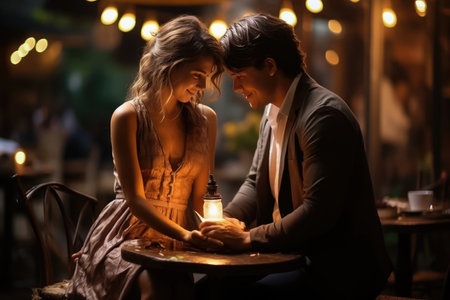 Experience Love's Culmination in this captivating image capturing the essence of a romantic dinner and a tender hug leading to a heartfelt marriage proposal. A moment of pure love and commitment.の素材