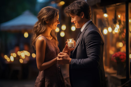 Listen to the Whispers of Forever as a tender hug paves the way for a heartfelt dinner proposal. The romantic ambiance sets the stage for a love-filled celebration of commitment and connection.の素材