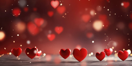 Embark on a radiant romance with our image, displaying festive bokeh lights and shiny red hearts. The glistening visual appeal adds a touch of charm and elegance to your creative projects.の素材