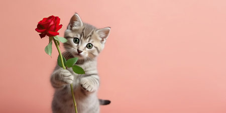 Whiskers and Roses unite in this adorable image of a cute kitten holding a beautiful red rose. The charming pose of our furry friend brings joy and warmth to the scene, making it an ideal choice for conveying love and affection on Valentine's Day or any moment when a touch of sweetness is needed.の素材
