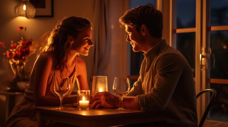 Celebrate togetherness with our image capturing the love-filled moments of a young couple at a beautifully decorated Valentine's table. Join them in this heartfelt celebration of love and companionship.の素材