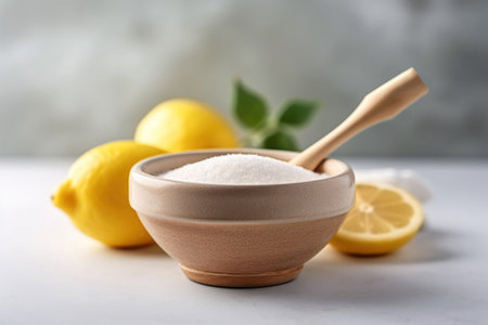 Immerse yourself in the world of eco-cleaning with our visual representation of the perfect pair: sliced lemon and baking soda. Positioned next to a bowl, this combination becomes a powerhouse for household cleanliness, offering a natural solution for maintaining appliances, dishes, and kitchen surfaces.の素材