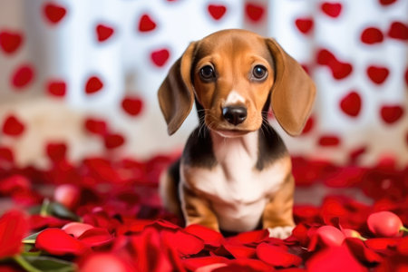Step into a garden of joy where innocence meets the vibrant beauty of nature. Our adorable puppy, surrounded by red roses and petals, gazes with loving eyes, creating a picture-perfect moment of puppy love in full bloom. This image is a celebration of the tender connection between pets and the natural world.の素材