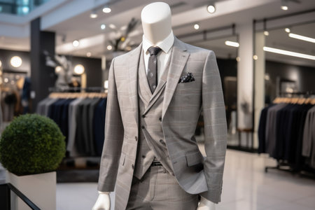 Experience the epitome of luxury tailoring with our image featuring a stylish classic suit displayed on a mannequin in a high-end fashion store. This showcase of premium menswear offers a glimpse into the world of exclusive clothing and refined fashion.の素材
